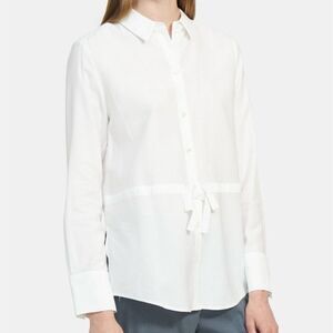 Theory Tied‎ Button Down Florian Twill Long Sleeve Top Women Small White